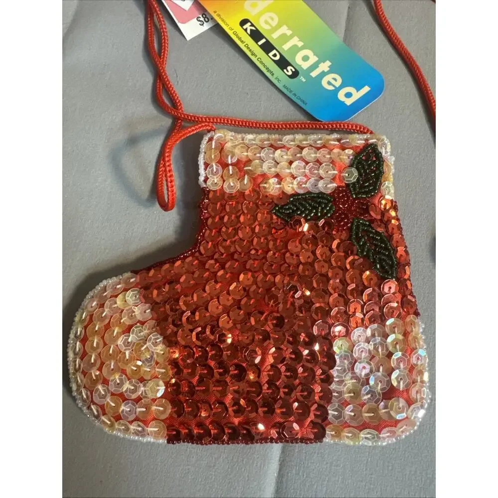 Vintage mini bag Christmas santa Sequin Beaded Stocking Trinket Purse 5” LOT 2